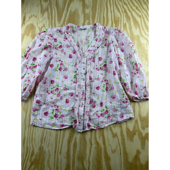 Nanette Lepore Tops - Nanette Lepore Pink Floral Swiss Dot Ruffle Lace V-Neck Blouse Medium